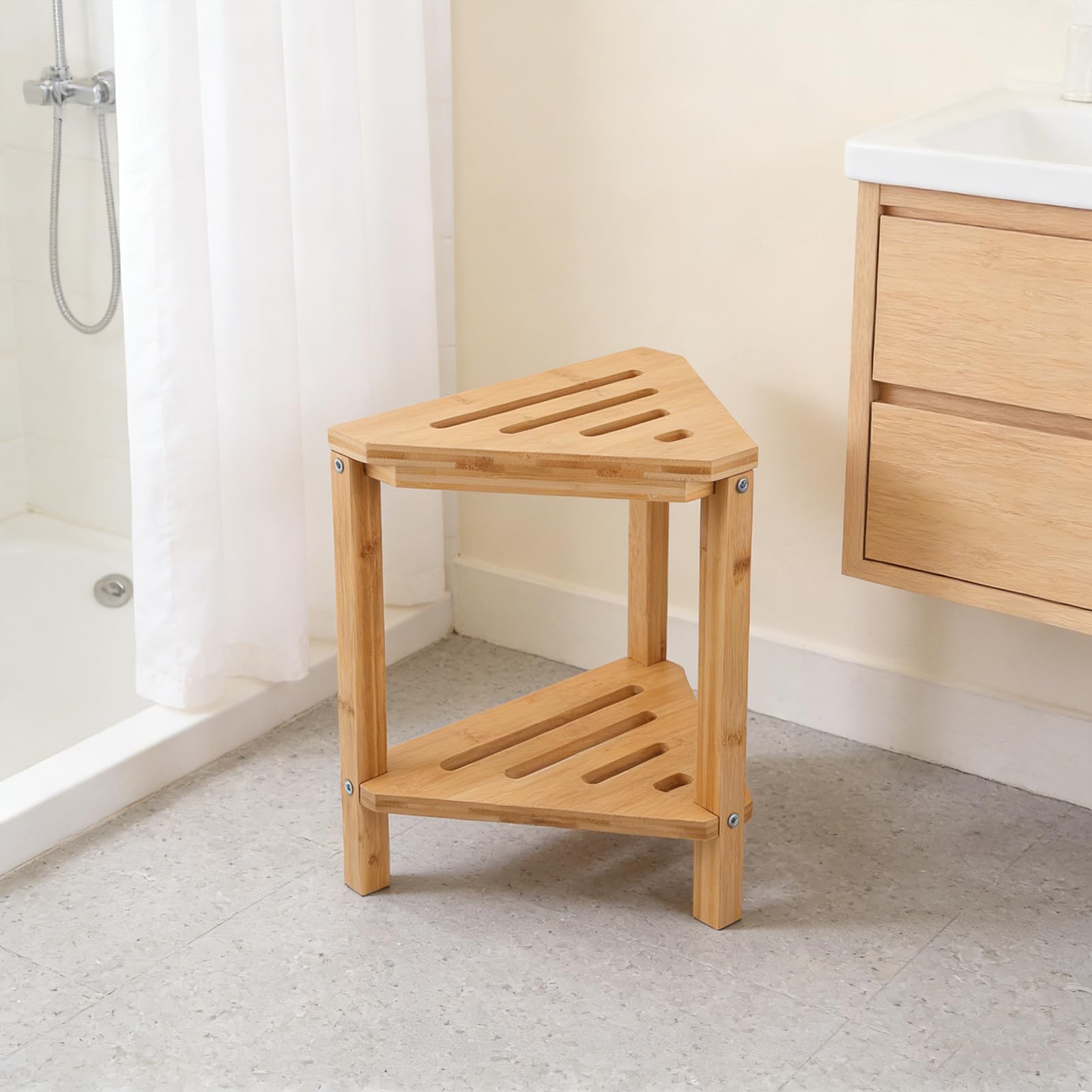 KICHOUSE Bamboo Shower Bench with Storage Shelf Shower Stool for Legs Shaving with Non-slip Base Corner Bathroom Organizer for Extra Space