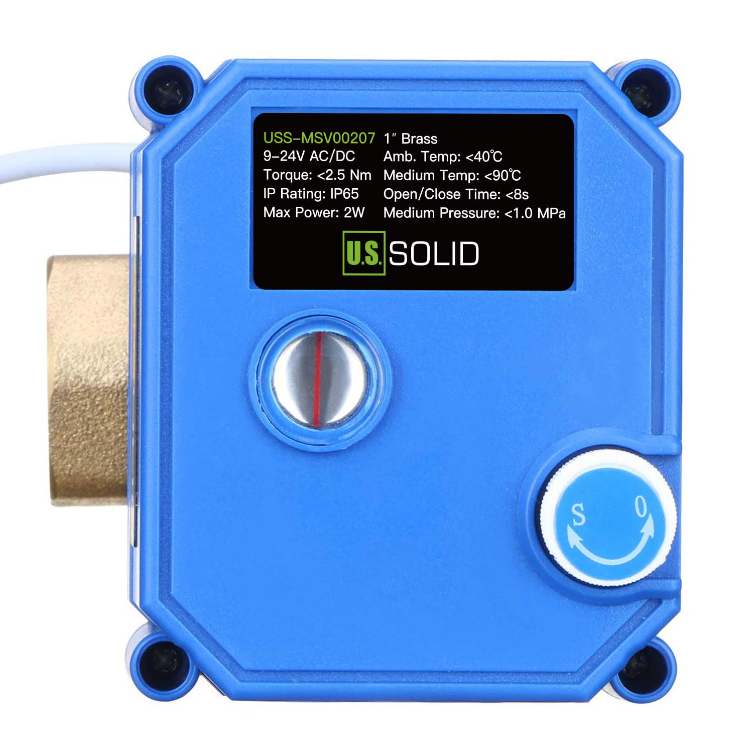 U.S. Solid Robinet à boisseau sphérique motorisé – Vanne à bille électrique laiton G 1", fonction manuelle, port standard, 9–24 V AC/DC, coupure positive 3 fils