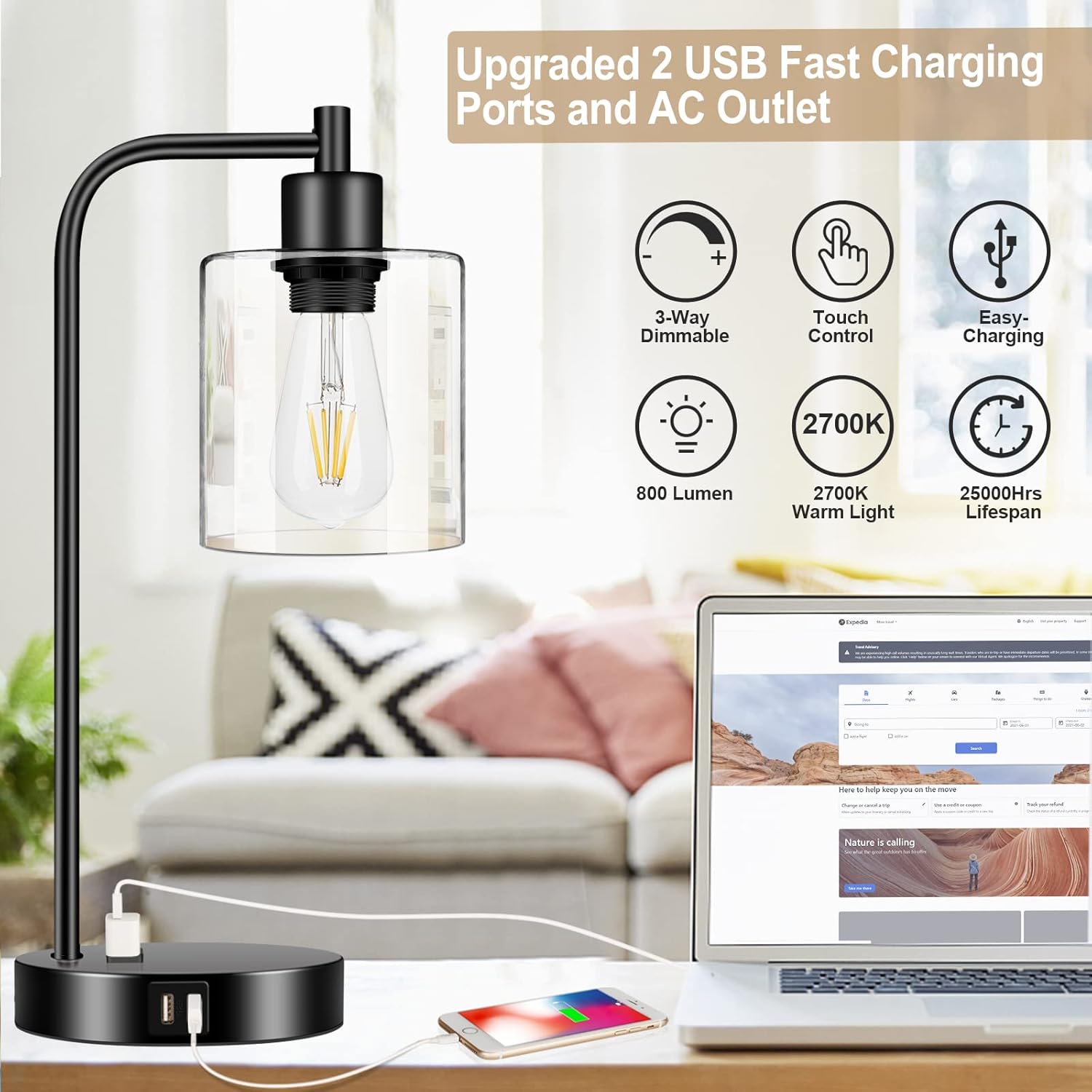 Industrial Touch Control Table Lamps Set of 2 - Black Bedside Lamps with 2 USB Ports and AC Outlet, 3-Way Dimmable Nightstand Desk Lamp for Bedroom Living Room, Glass Shade & 2 LED Bulbs Included