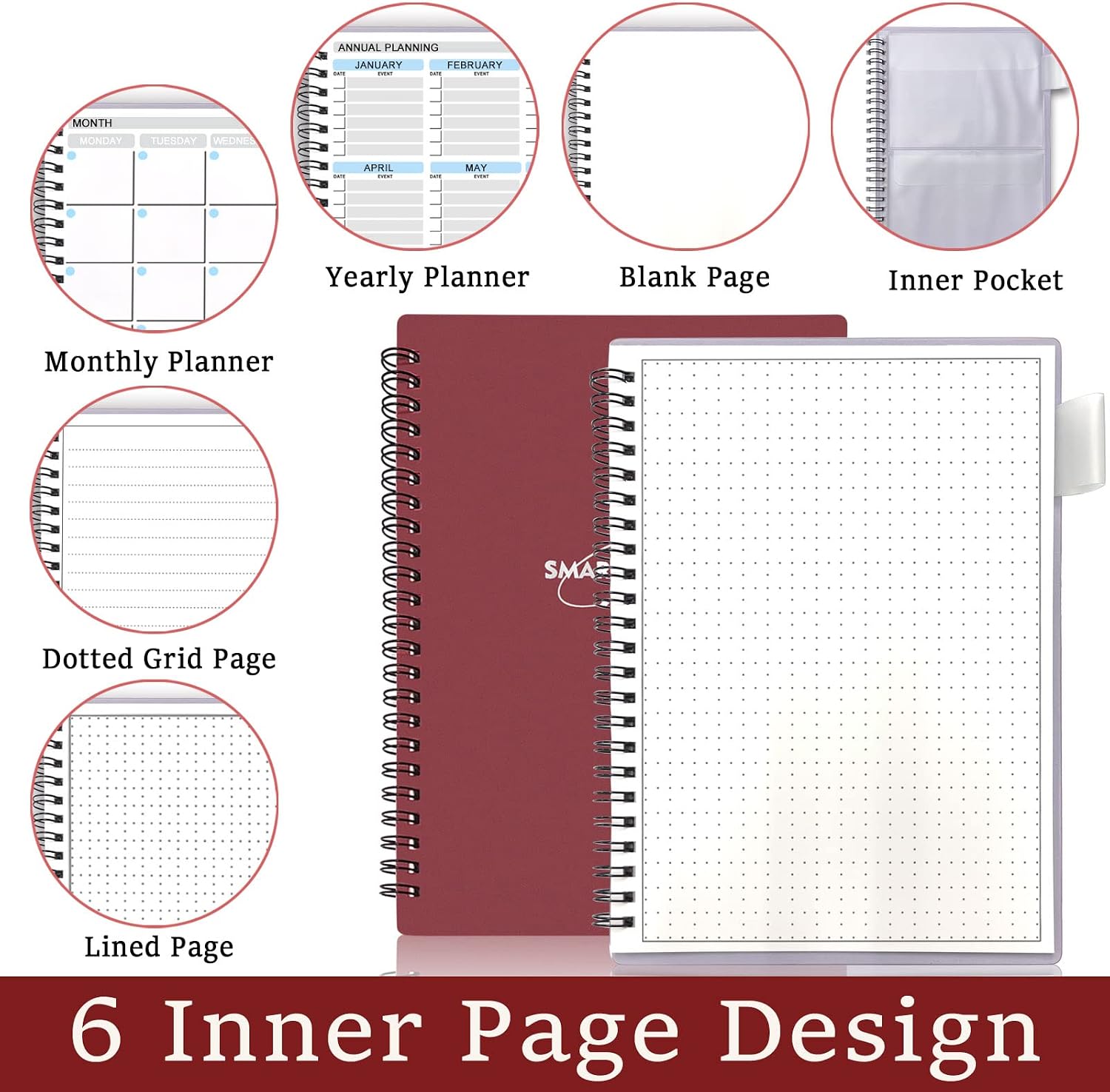 Smart Reusable Notebooks Set, Eco-Friendly Planner Organizer Notebook(5.9''x8.5''), Mini Pocket Dot-Grid Notepad(3.5''x5.5'')(Scarlet Crimson)
