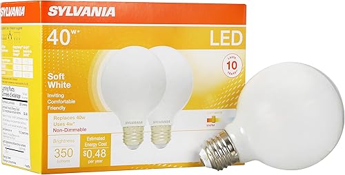 SYLVANIA - Bombilla LED G25, equivalente a 40 W, eficiente 4 W, 10 años, no regulable, 350 lúmenes, 2700 K, blanco suave, paquete de 2 (40214)