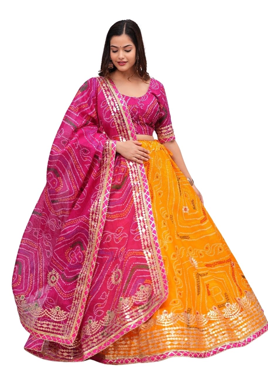 Traditional Rajasthani Kota Doria Lehenga Choli, Pink and Orange, Heavy Aari Work