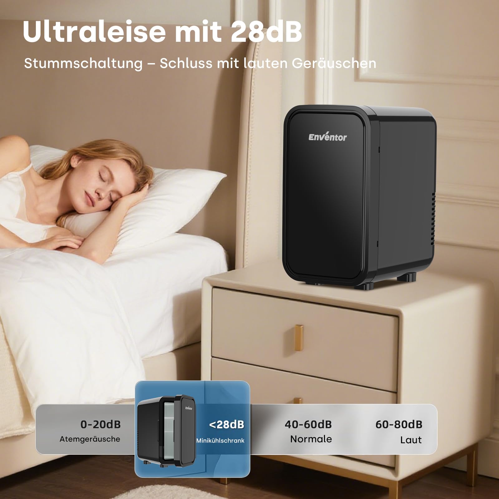 Enventor Mini Kühlschrank, 6 Liter/8 Dosen, AC+12V DC-Stromversorgung, Tragbarer Kühler und Wärmer, Kleiner Kühlschrank für Schlafzimmer, Auto, Hautpflege, Obst und Getränke, Schwarz