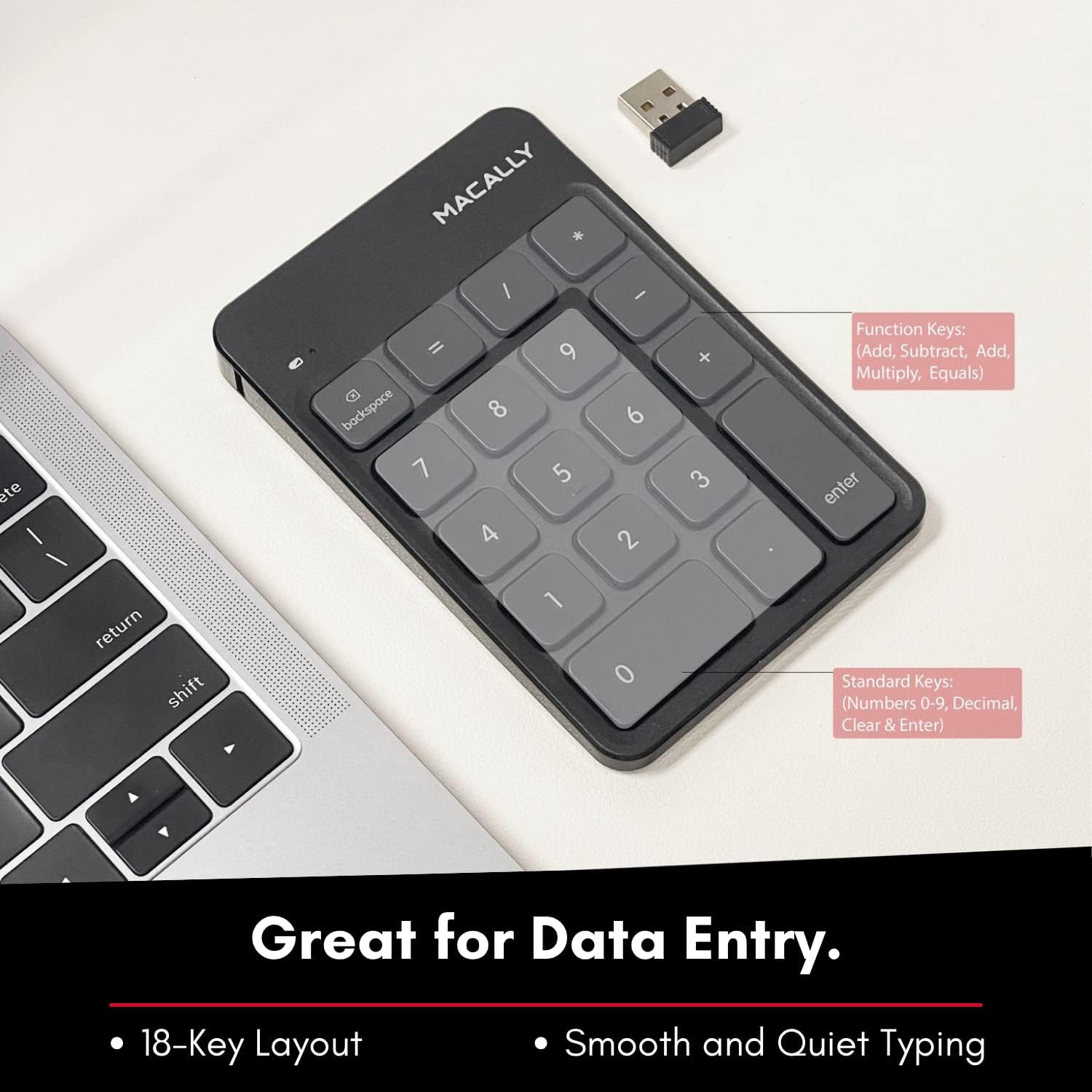 Macally Wireless Number Pad for Laptop - Slim 2.4G USB Number Keypad - 18 Key Rechargeable Numeric Keypad with USB Receiver for Data Entry - 10 Key Numpad Keyboard for Mac, MacBook - Black