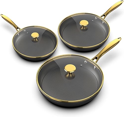 imarku Sartenes antiadherentes, sartenes antiadherentes de hierro fundido, 3 piezas, 8 pulgadas, 10 pulgadas, sartenes con tapa, sartén de hierro