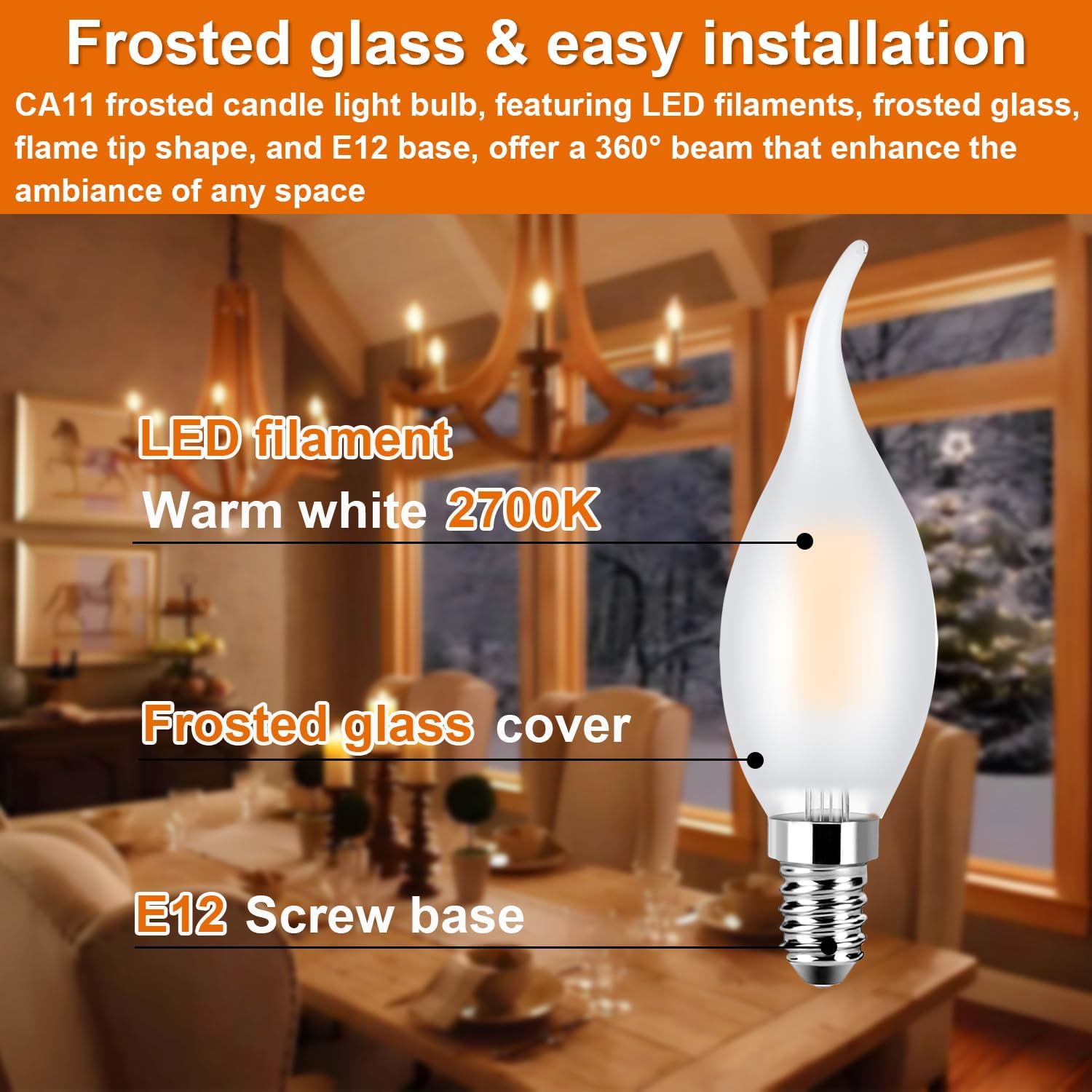 Dimmable CA11 E12 LED Candelabra Bulb, 40W Equivalent Frosted Chandelier Light Bulb, 4W 2700K Warm White 450LM CA11 Flame Tip Vintage Filament Candle Light, 6 Pack