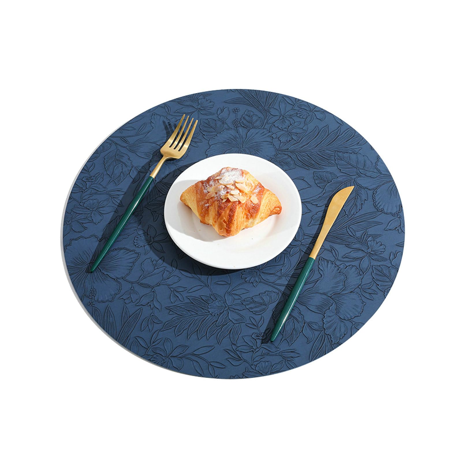 Mantel individual redondo azul oscuro con patrón de flores para comedor, cocina o decoración navideña, 34 cm, juego de 10