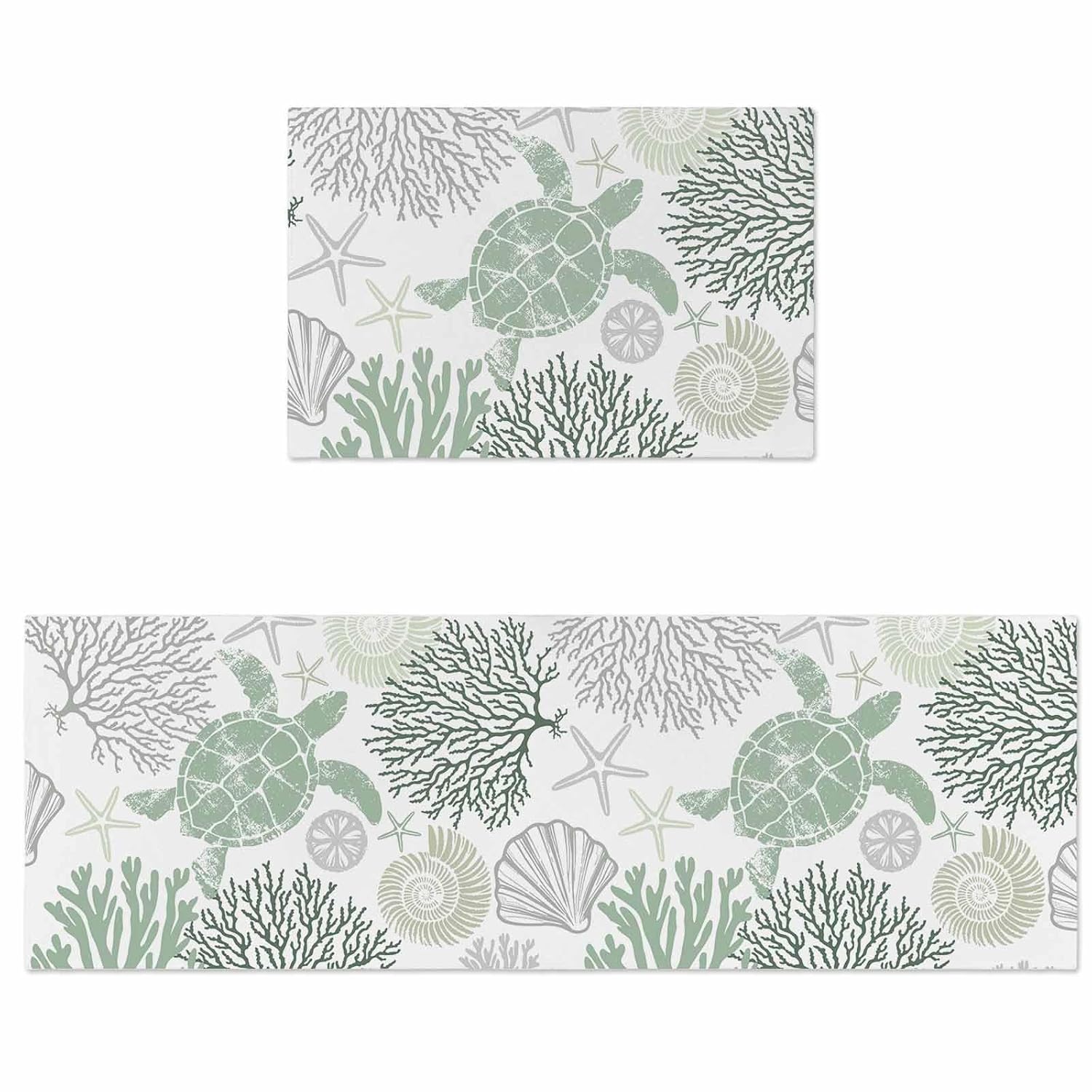 Bathroom Rugs Sets 2 Piece Summer Sage Green Coastal Ocean Sea Turtle Coral Seashell Absorbent Fluffy Bath Mat