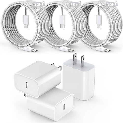 Paquete de 3 Cargador largo de 10 pies para iPhone 17 16e 15, bloque de cargador de pared de carga rápida de 20W, cable trenzado tejido USB C a C de