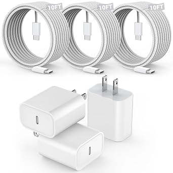 [3 Pack]Long 10FT iPhone 17 16e 15 Charger 20W Fast Wall Charger Block,10Foot USB C to C Braided Woven Cable Fast Charging for iPhone 17 Air/17 Pro/16 Pro/16 Pro Max/16 Plus/15/15 Plus/15 Pro Max/iPad