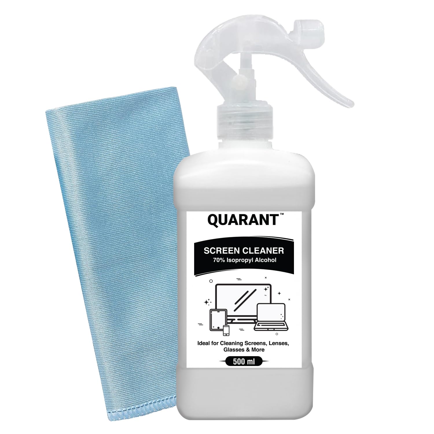 QUARANT Screen Cleaning Kit for Laptop, TV, Tablet, Mobile, Display, Glass & Lens, 500 ml Screen Cleaner Liquid Spray Bottle with 70% Isopropyl Alcohol & 300 GSM Dual Sided 40x40 cm Microfiber Cloth-image-0
