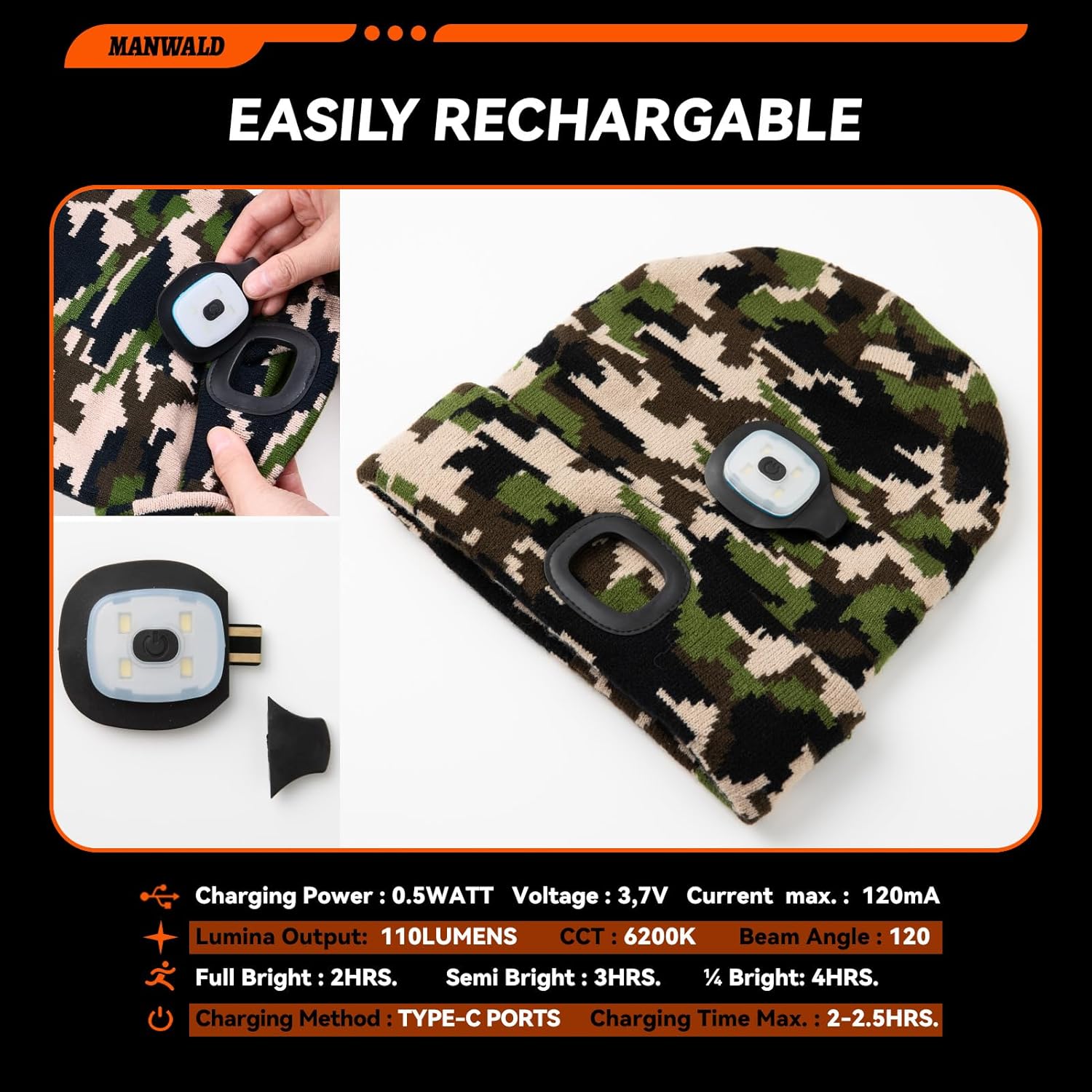 MANWALD LED Beanie Hat with Light, USB Rechargeable LED Headlamp, Gifts for Men, Him, Mens Gifts, Birthday Gifts for Dad Husband, Boyfriends, Black, Camouflage