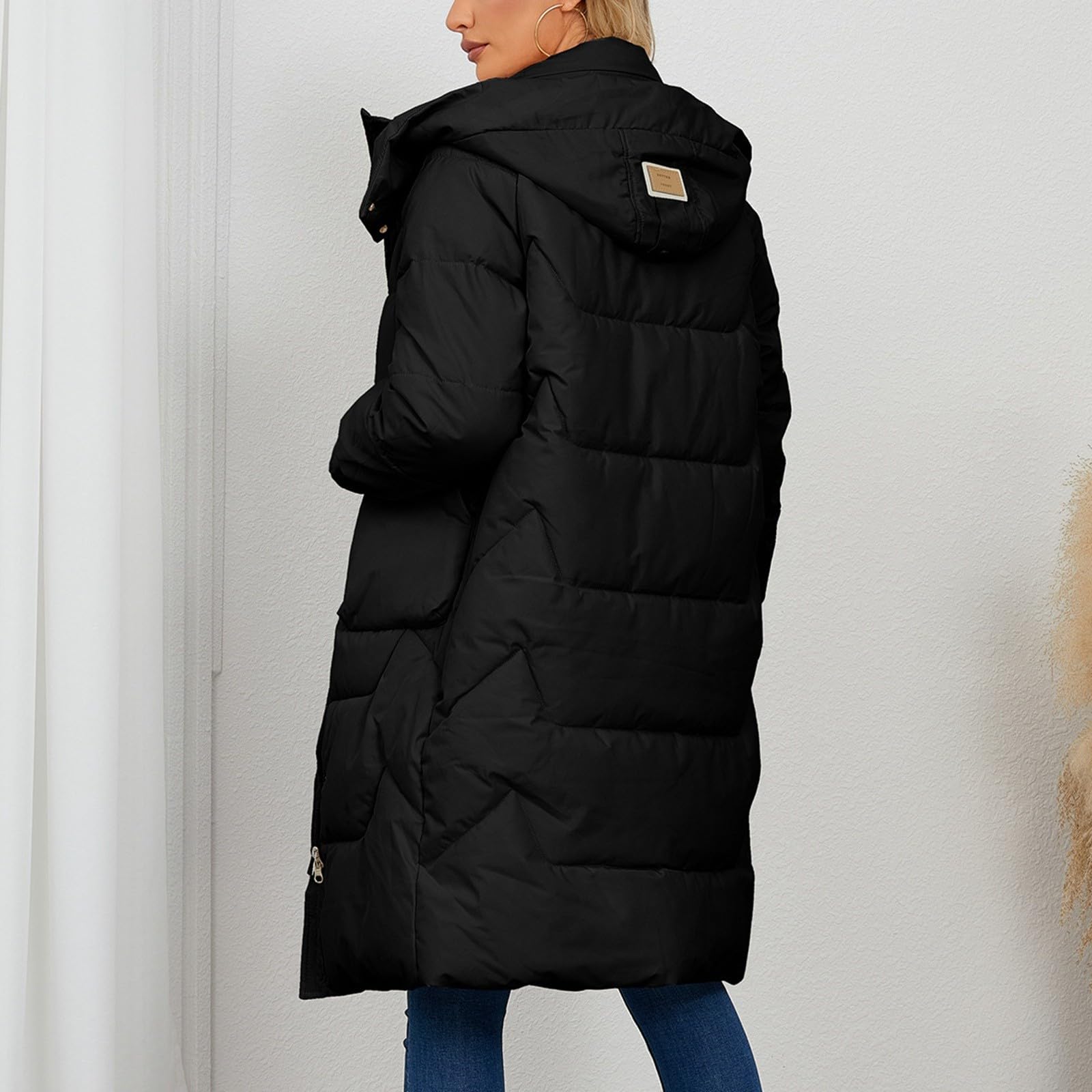 Abrigo de plumas para mujer, largo de invierno, grueso, abrigo de invierno, cálido, con capucha, chaqueta de plumón, cómoda chaqueta amortiguadora, cuello alto, abrigo largo acolchado, ligero