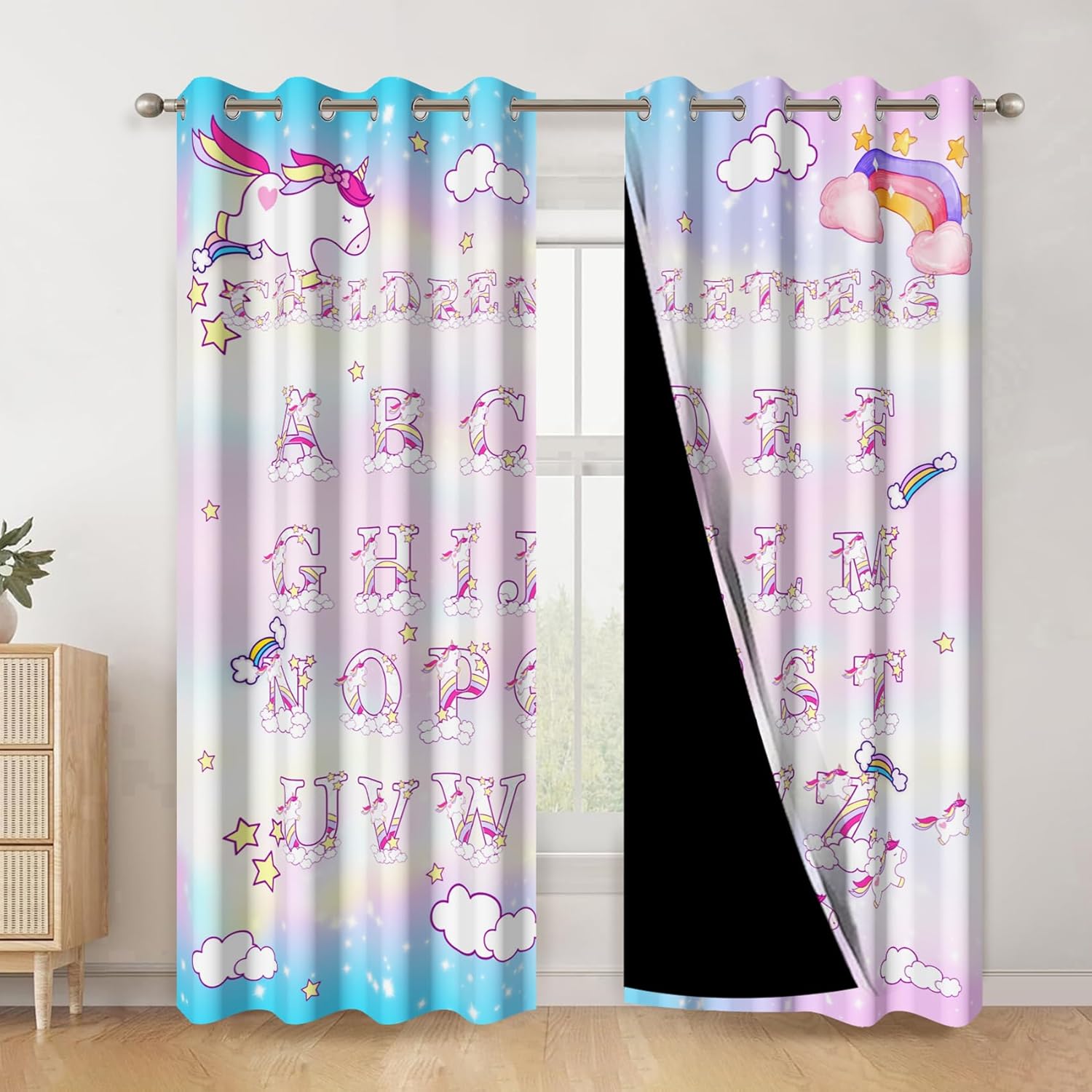 AWERT Cartoon Children Letters Window Curtains 84 Inches Long 2 Panels Unicorn Dream Sky Rainbow Stars Clouds Blackout Drapes Thermal Insulating for Kids Bedroom Living Room Each Size 42x84 Inches