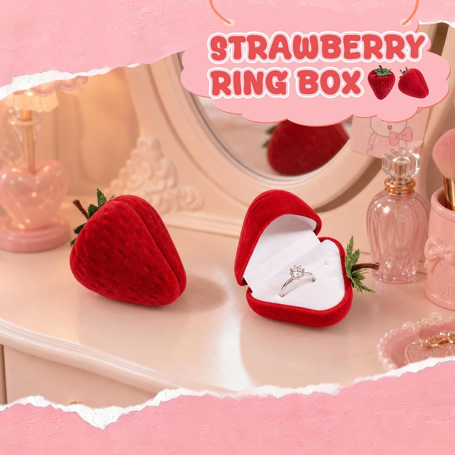 Wowagoga Strawberry Ring Box Strawberry Shaped Velvet Ring Jewelry Storage Box Gift Box,Ring Earrings Jewelry Counter Display Props