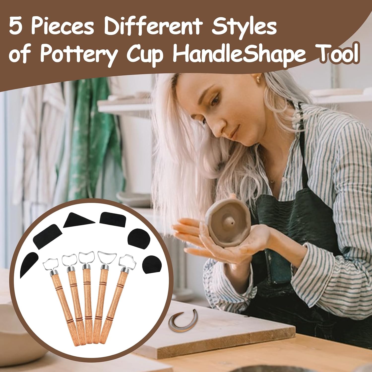 GeryVtee 5 PCS Pottery Mug Handle Tool with 12PCS Pottery Carving Tools Pottery Handle Maker Clay Extruder Tool Clay Handle Extruder Tool for Teacup Mug Cup Handle Making