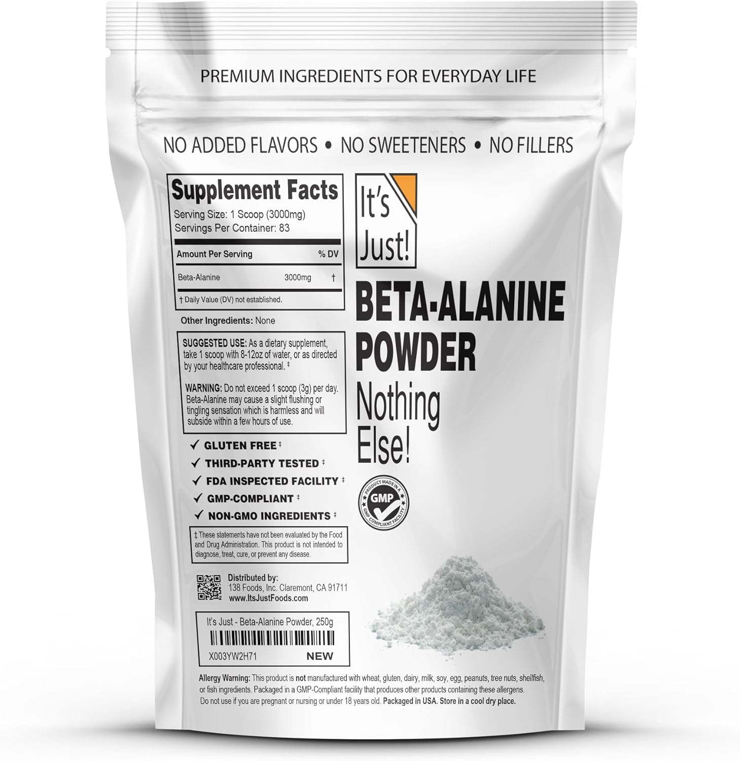It's Just! - Beta-Alanine Powder, Pre-Workout Supplement, 250g Bulk, Unflavored, 3000mg Per Serving (250g / 83 Servings) - Image 2