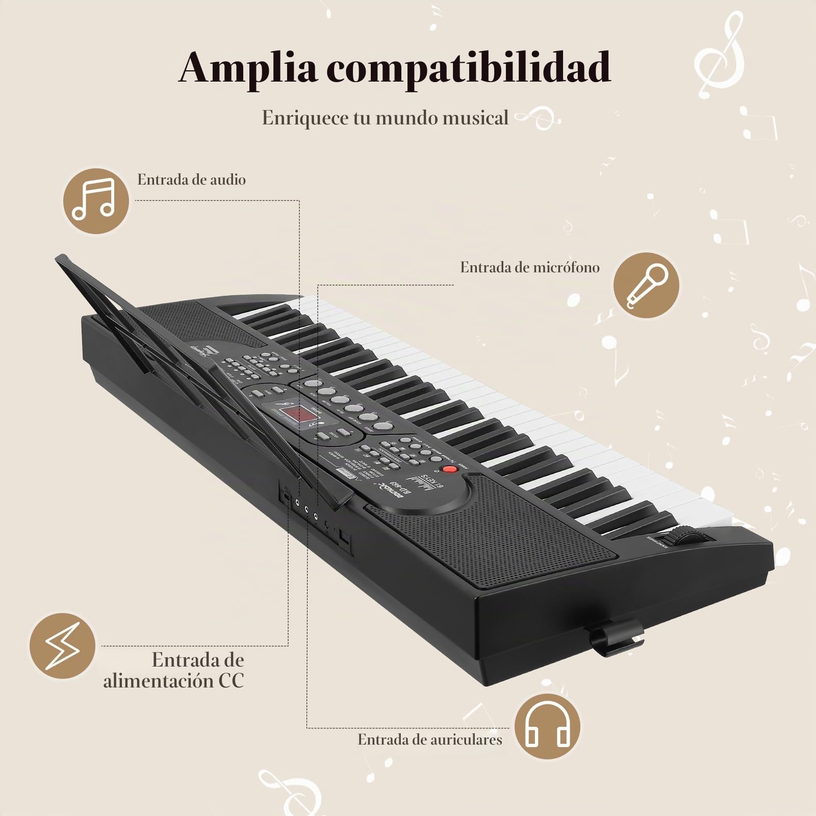 61 Teclado Piano Eléctrico para, el instrumento de piano electrónico portátil para principiantes con micrófono, pegatinas para notas Ligero y portátil, adecuado para viajes o la escuela.
