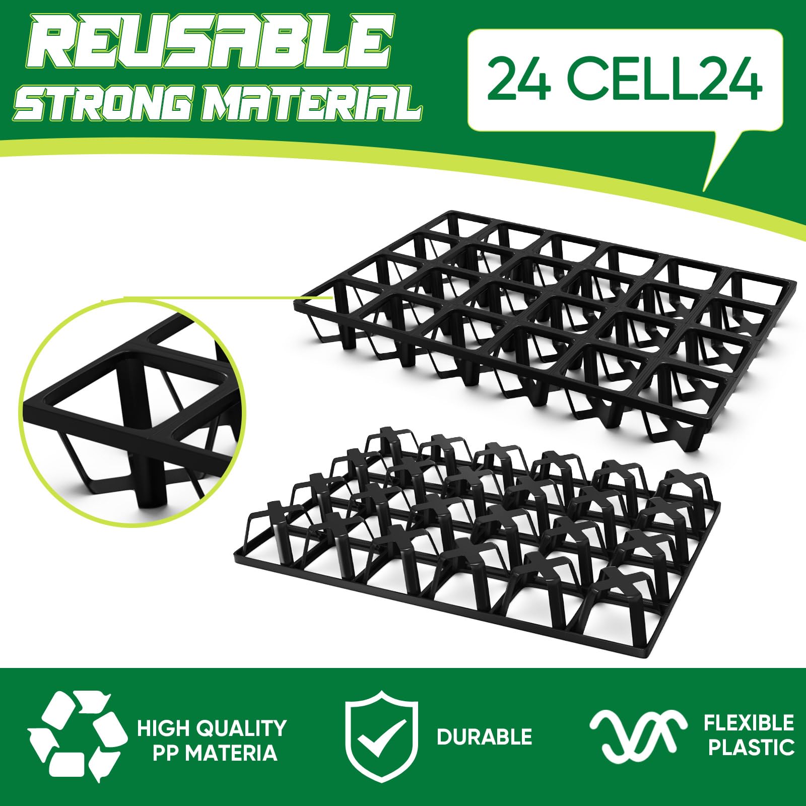 Baderke Paquete de 6 bandejas móviles para macetas, bandeja cuadrada de 24 celdas, bandejas de transporte de macetas de plástico para mover macetas de vivero para plantar propagación, tapones de
