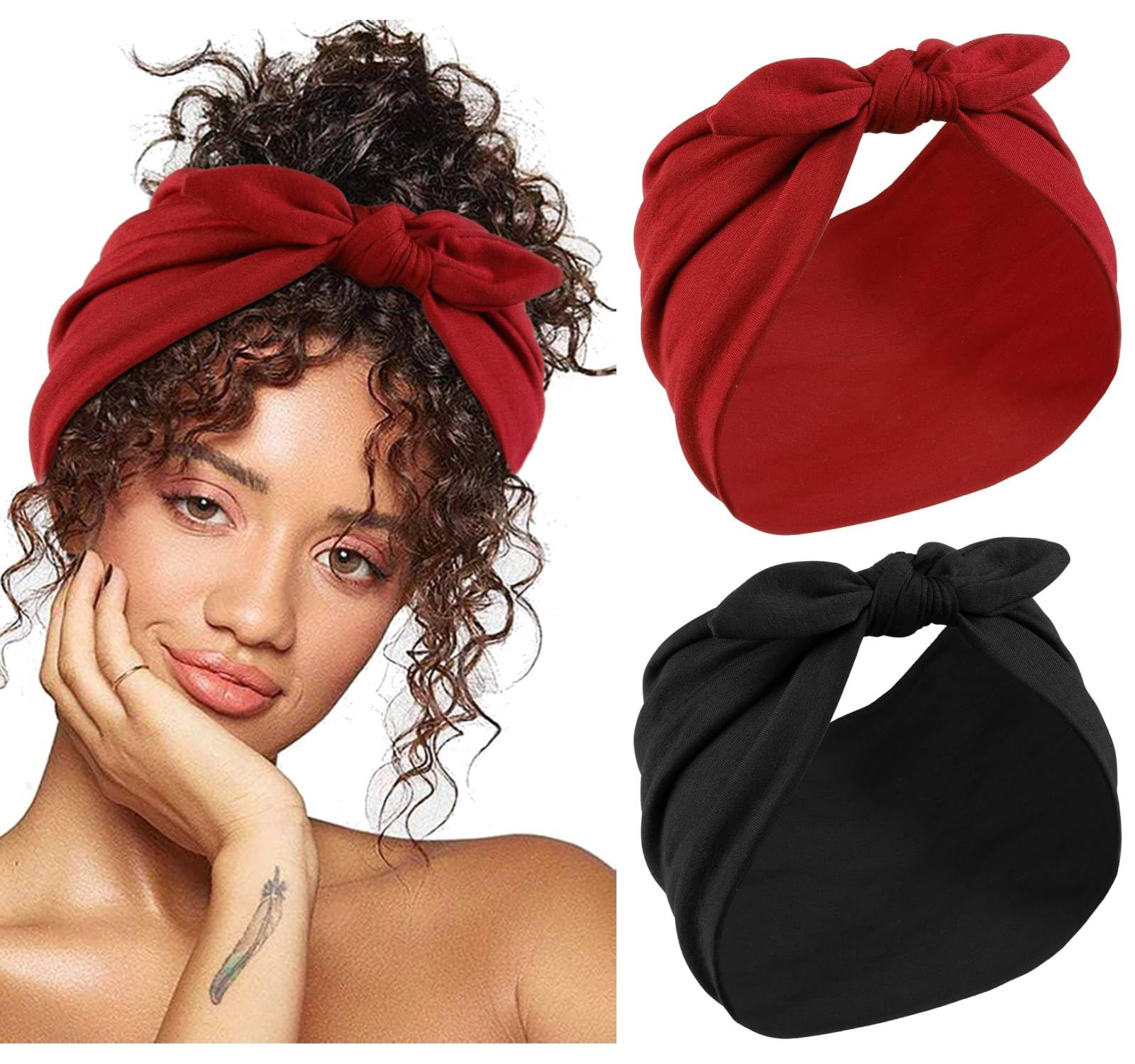 Huachi 2 Packs Bow Headbands for Women 7’’ Extra Wide Head Bands for Women’s Hair Non Slip Headwraps Workout Turban Hair Accessories (Black & Red)