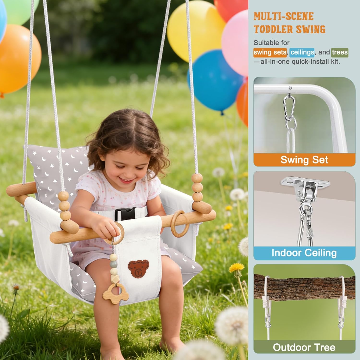 Talecogear Baby Swing – Outdoor & Indoor, Cozy Toddler Swing for Backyard, Hanging Swing Seat Chair, Cotton Canvas & Beech Wood Frame, Safety Harness, Mounting Hardware Included (White)