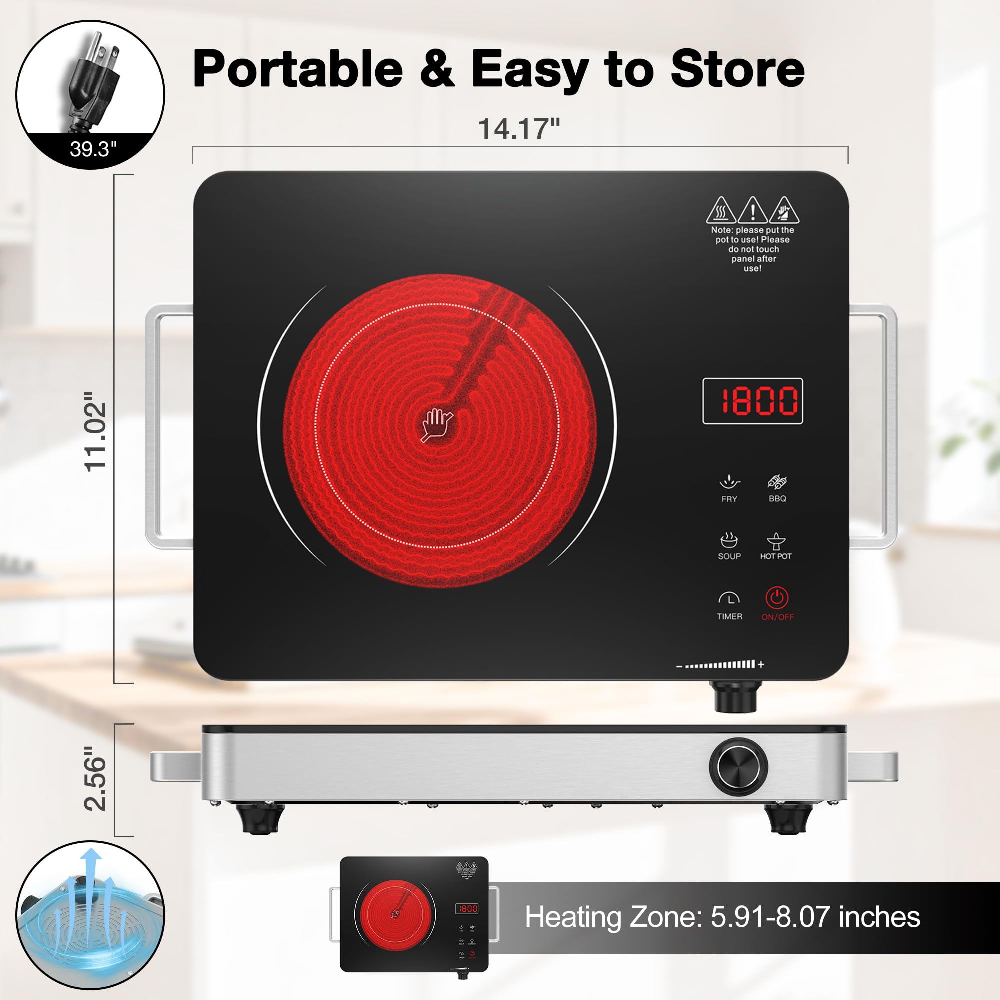 WABK 1800W Single Portable Electric Cooktop, 110V Hot Plate Countertop Burner with LCD Sensor Touch, 10 Temperature Setting, LED Display, Kids Safety Lock, Auto Shut off Function for Home Camping