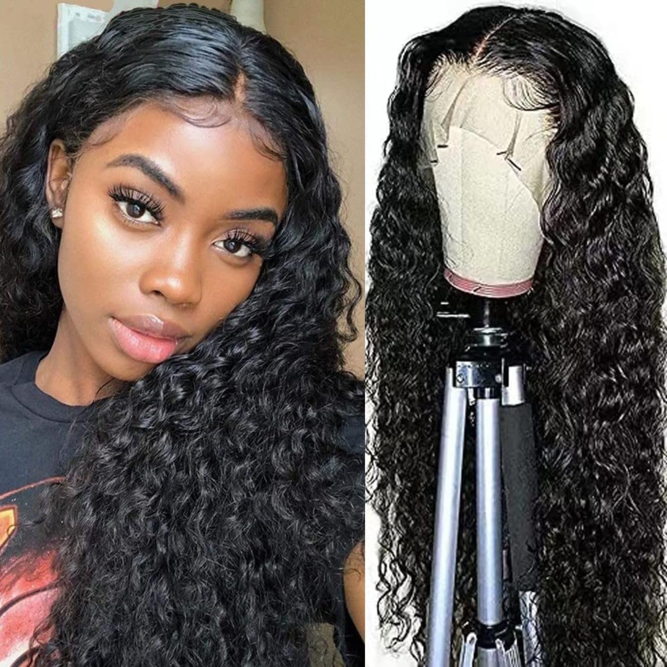 Water Wave Lace Front Wigs Human Hair 180% Density 13x4 HD Lace Frontal Wigs Pre Plucked with Baby Hair Wet and Wavy Curly Frontal Human Hair Wigs for Women (26 Inch) (Natural Black #1B)