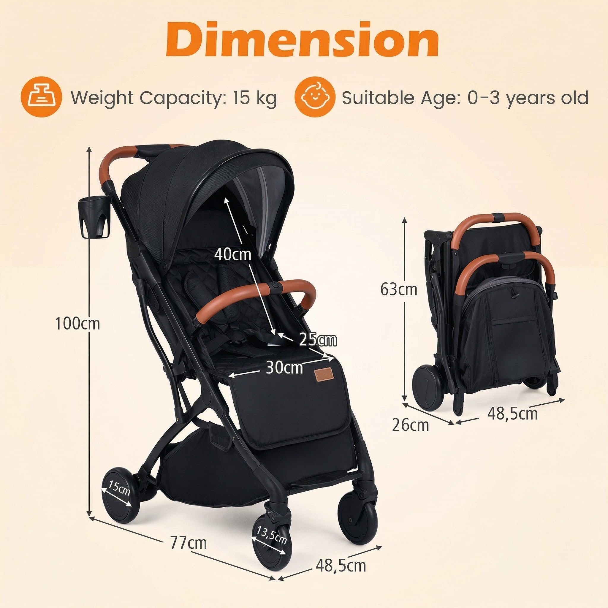 GIANTEX Passeggino Leggero per Bambini e Neonati, Passeggino Pieghevole e Portatile con Ruote, Schienale Regolabile, Tettuccio, Cintura di Sicurezza, Cesto e Copertura Antipioggia (Nero)
