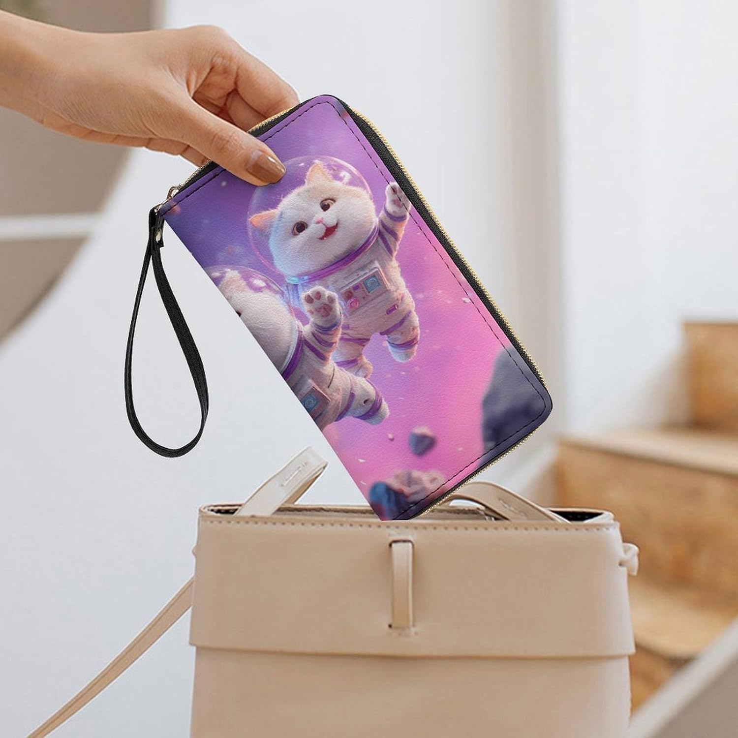 Cute Cats in Space1 Long Zippered Pouch Large Clutch Cash Wallet with Rope Handle for Men Women