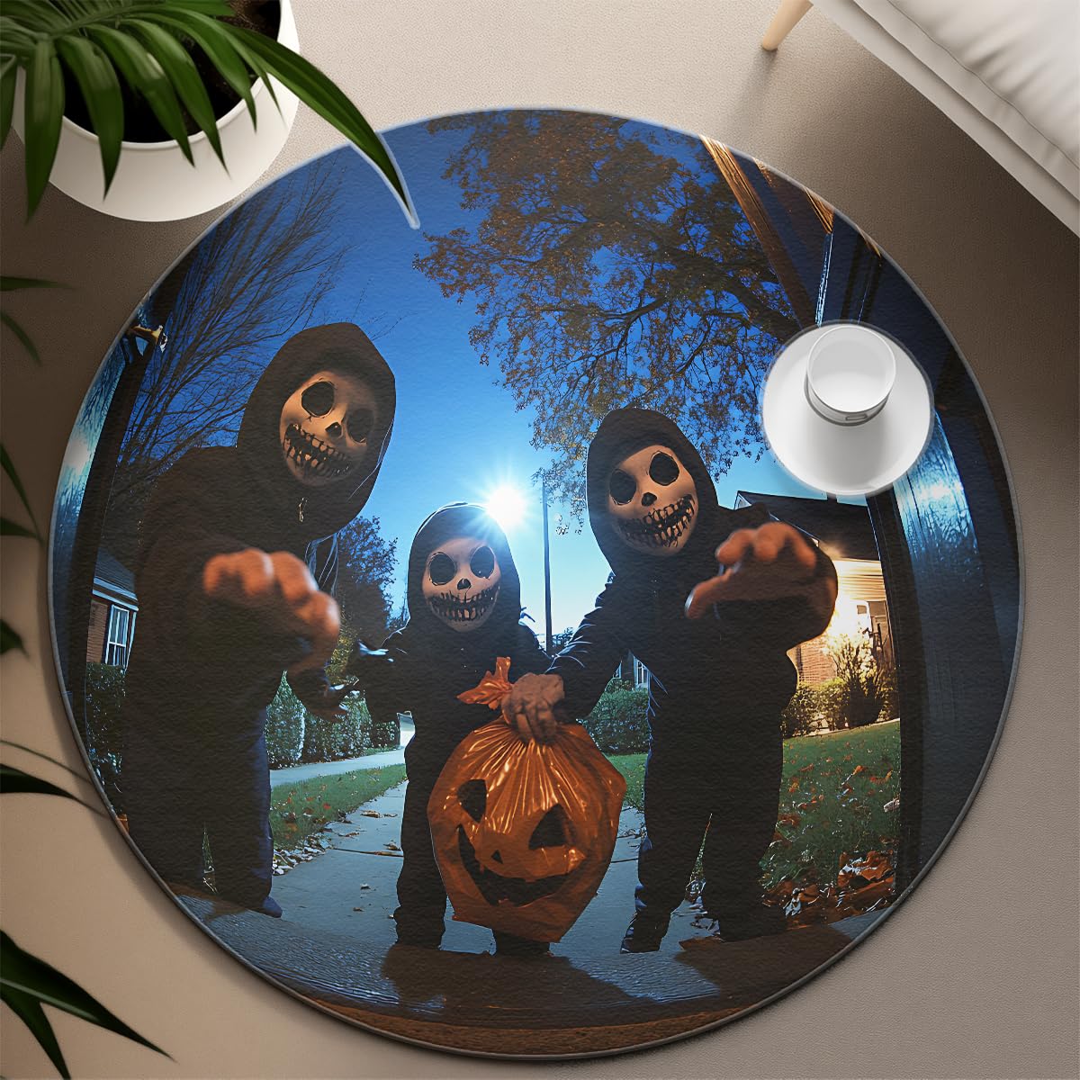 Motyw Halloween 100 cm Okrągłe dywaniki Sztuczka lub Treat Nocna Scena Wzór Dziecięcy Dywan Podłogowy Niskie Włosy Do Pokoju Przedszkola Salon Gry Balkon