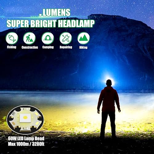 Miniatura 2 de Linterna frontal recargable, 5000 lúmenes LED súper brillante con sensor de movimiento, 5 modos de lámpara de cabeza zoomable, 180 ajustable, IPX6