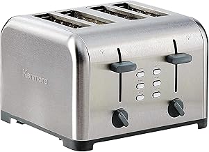 Kenmore 4-Slice Toaster, Stainless Steel, Dual Controls, Extra Wide Slots, Bagel and Defrost Functions, 9 Browning Levels, Removable Crumb Trays, for Bread, Toast, English Muffin, Toaster Strudel