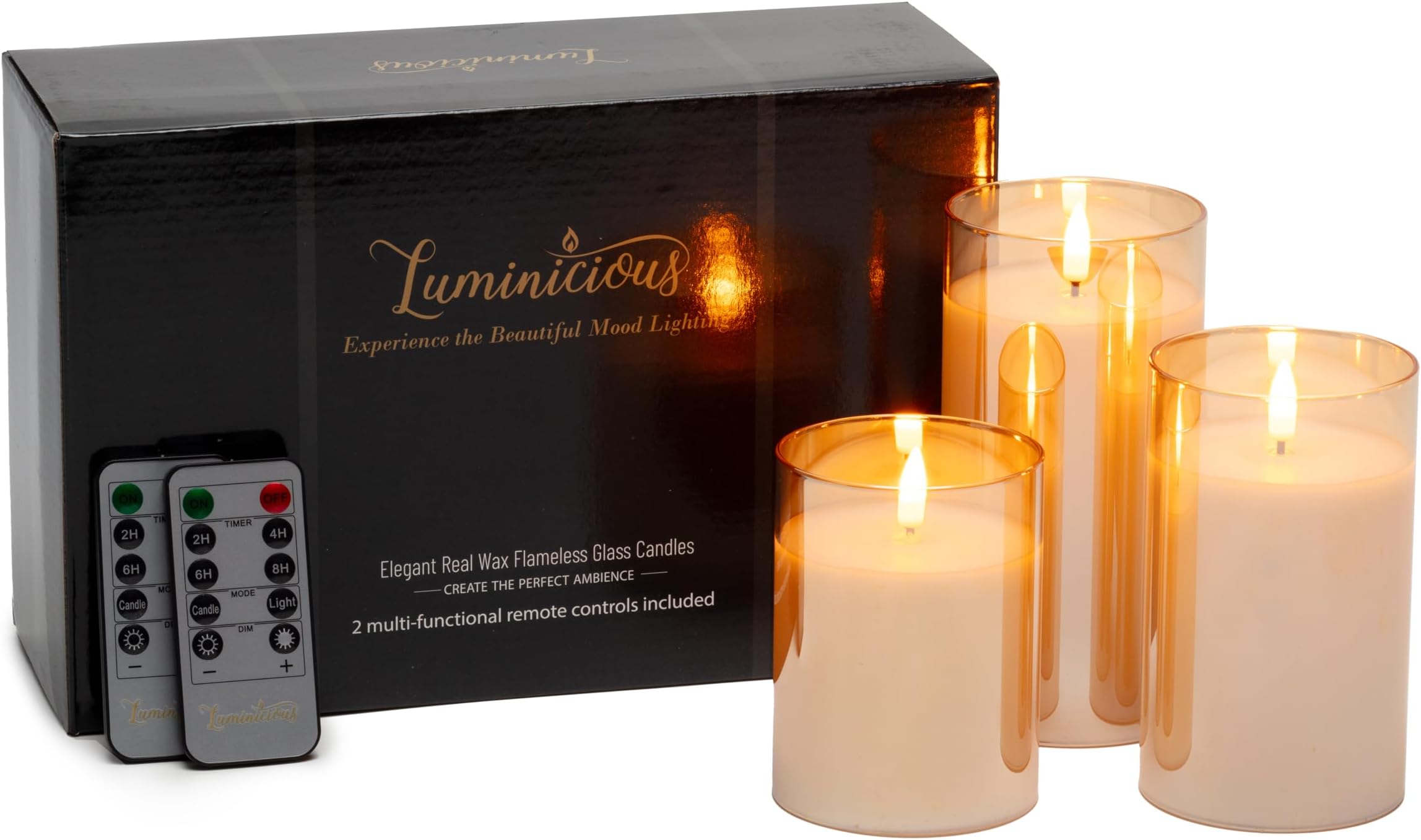 LuminiciousGold Glass 3D Bullet Flameless Candles Set of 3 | Battery Operated Electric Pillar Candle | Subtle Pulsating Flame with 2 Remote Controls & Timer | Beautiful Home Decor | Decorative Gift