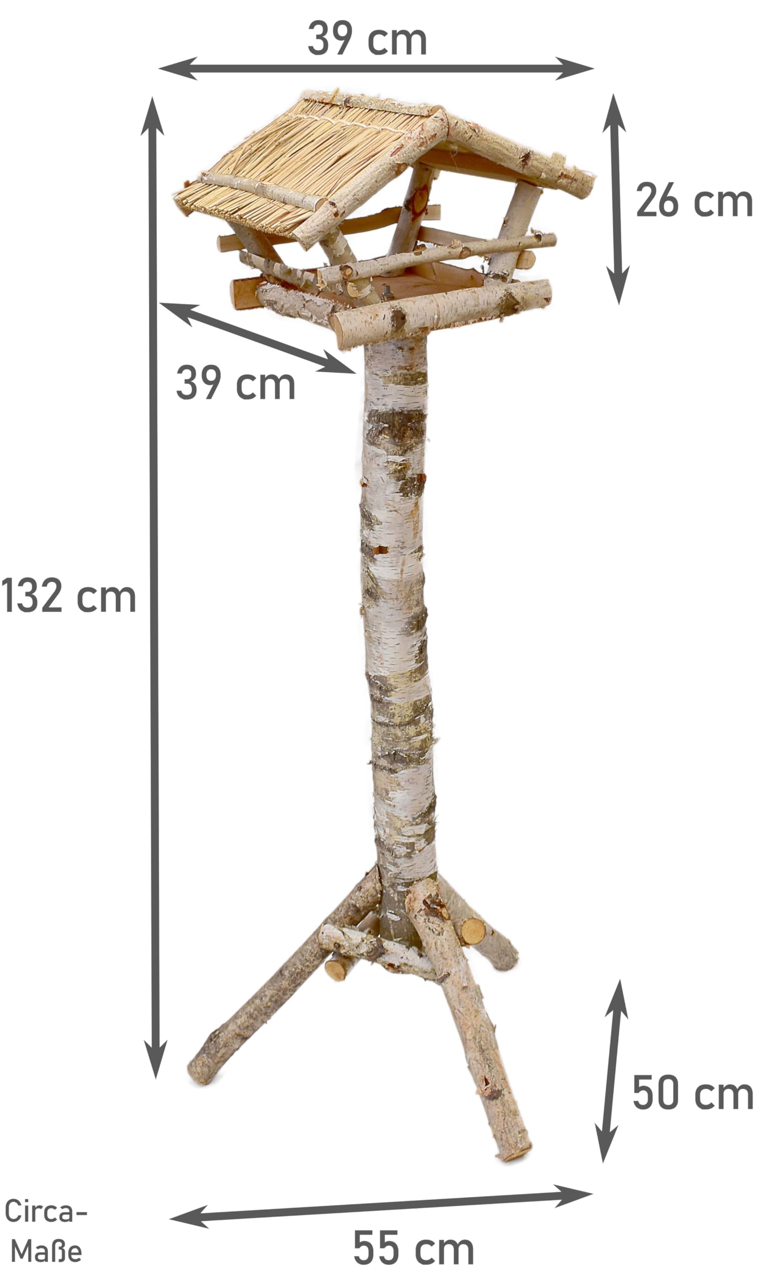 Vogelhaus aus Birkenholz 132cm mit Ständer Vogelfutterhaus Futterhaus Vogelhäuschen Vogel Ständer Reetdach Natur