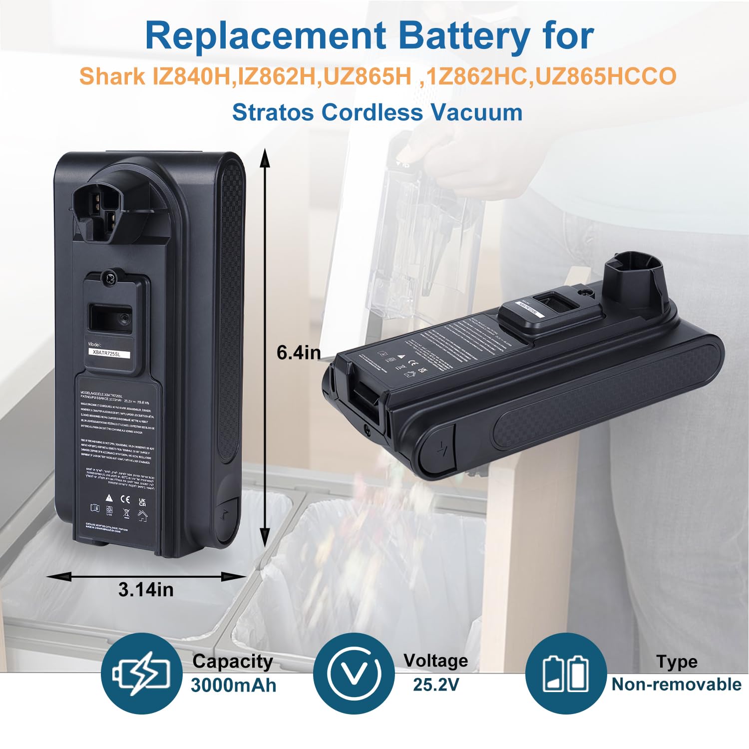 Batteria Ricambio Per Aspirapolvere Shark - Compatibile Con XBATR725SL, IZ840H, IZ862H, UZ865H, 2350mAh 25.2V