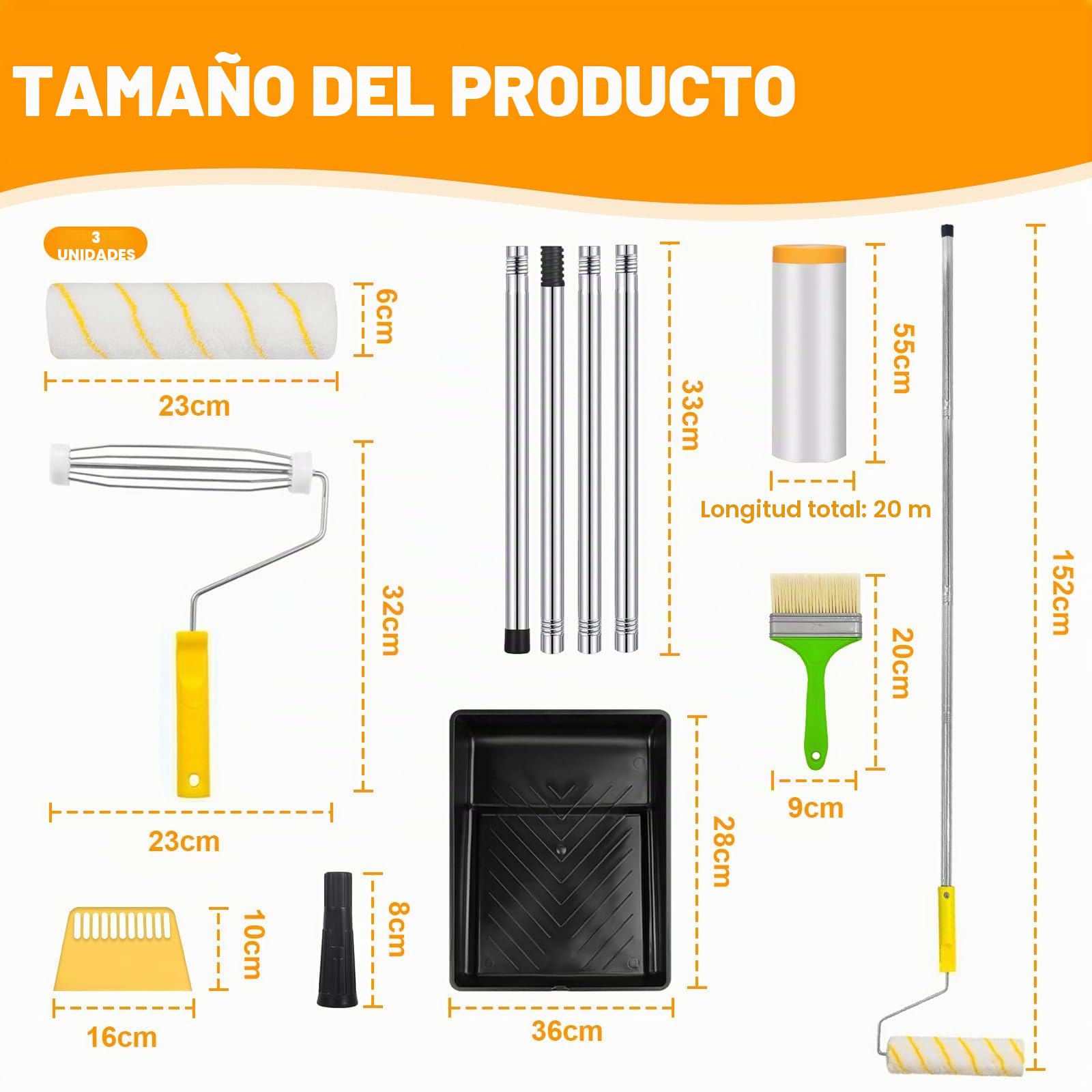 Kit Rodillo Pintura Pared, Rodillo con Accesorios, 3 Piezas Paint Roller 22 cm, Mango Alargado Reforzado 152 cm, Brocha para Paredes, Techo, Brocha Pintor, Cubeta Pintura