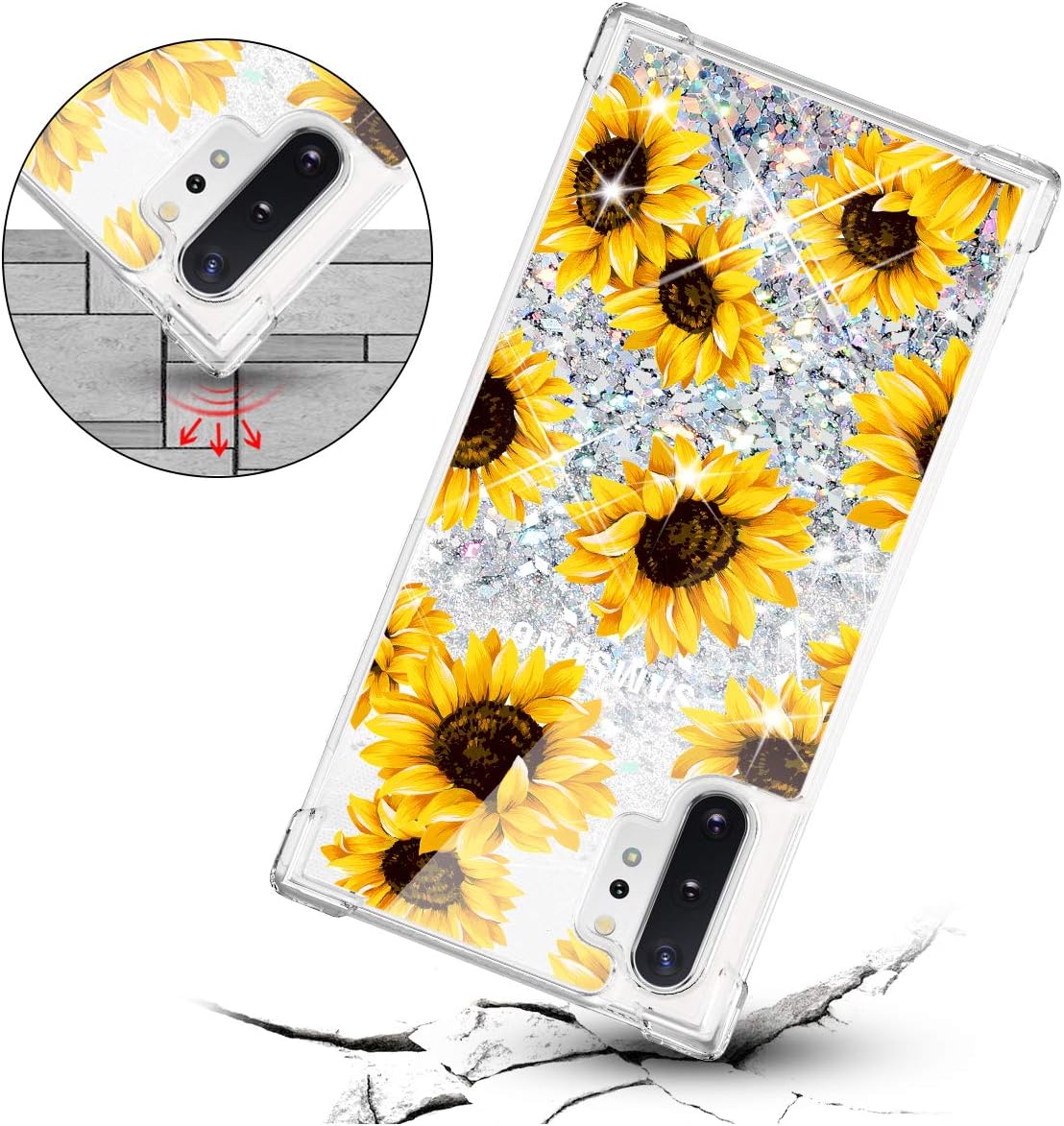 Caka Case for Galaxy Note 10 Plus Sunflower Glitter Case Floral Liquid Bling TPU Bumper Flowing Protective Sparkle Women Girl Flower Case for Samsung Galaxy Note 10+ Plus 5G (Sunflower)