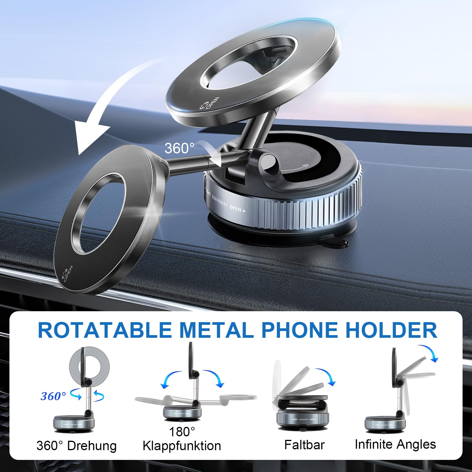 HA BIN Supporto Magnetico Cellulare Auto,Supporto Telefono Auto Ventosa, 360° Rotazione Pieghevole, Magnete Super Compatibile con tutti i telefoni, con iPhone 16 Pro-12 e Android