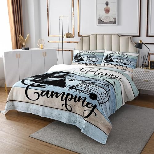 Miniatura 3 de Erosebridal Juego de edredón Happy Camping Camper, ropa de cama rústica de granja, accesorios de camping, juego de ropa de cama de madera vintage