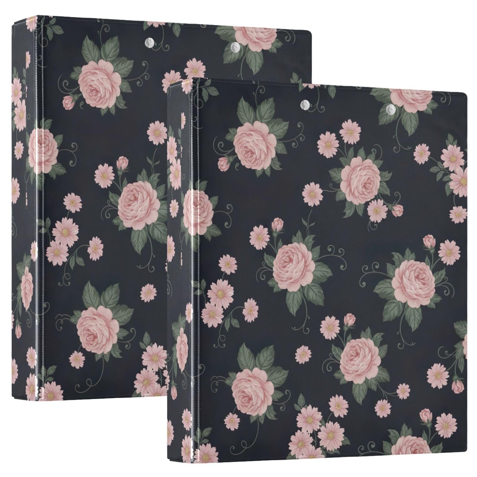 Vintage Roses Black 3 Ring Binder Flexible D Ring Binder with Pockets 3 Ring Binder for School College Office (2 Pack)