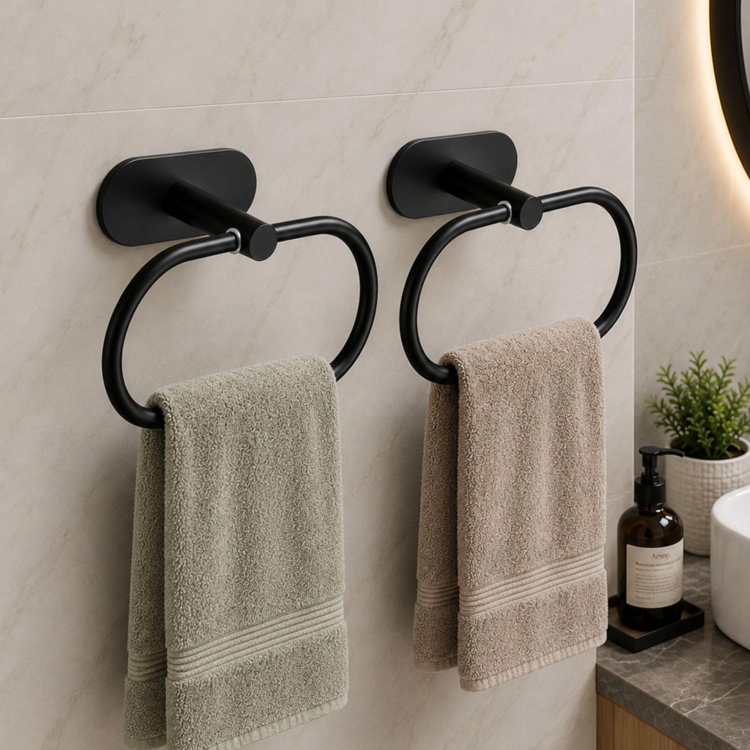 JIALTO 1 PCS Self Adhesive Towel Ring Matte Black, Oval Shaped Modern Hand Towel Holder, Stainless Steel Adhesive Hand Towel Hanger for Bathroom & Kithen Wall Mount (No Drilling) (Black) — Amazon image 15