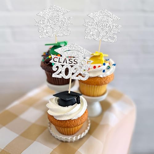 Miniatura 4 de 36 piezas de 2025 tapas de graduación 2025 para cupcakes 2025 con purpurina plateada clase de 2025 para cupcakes 2025 decoraciones para pasteles de