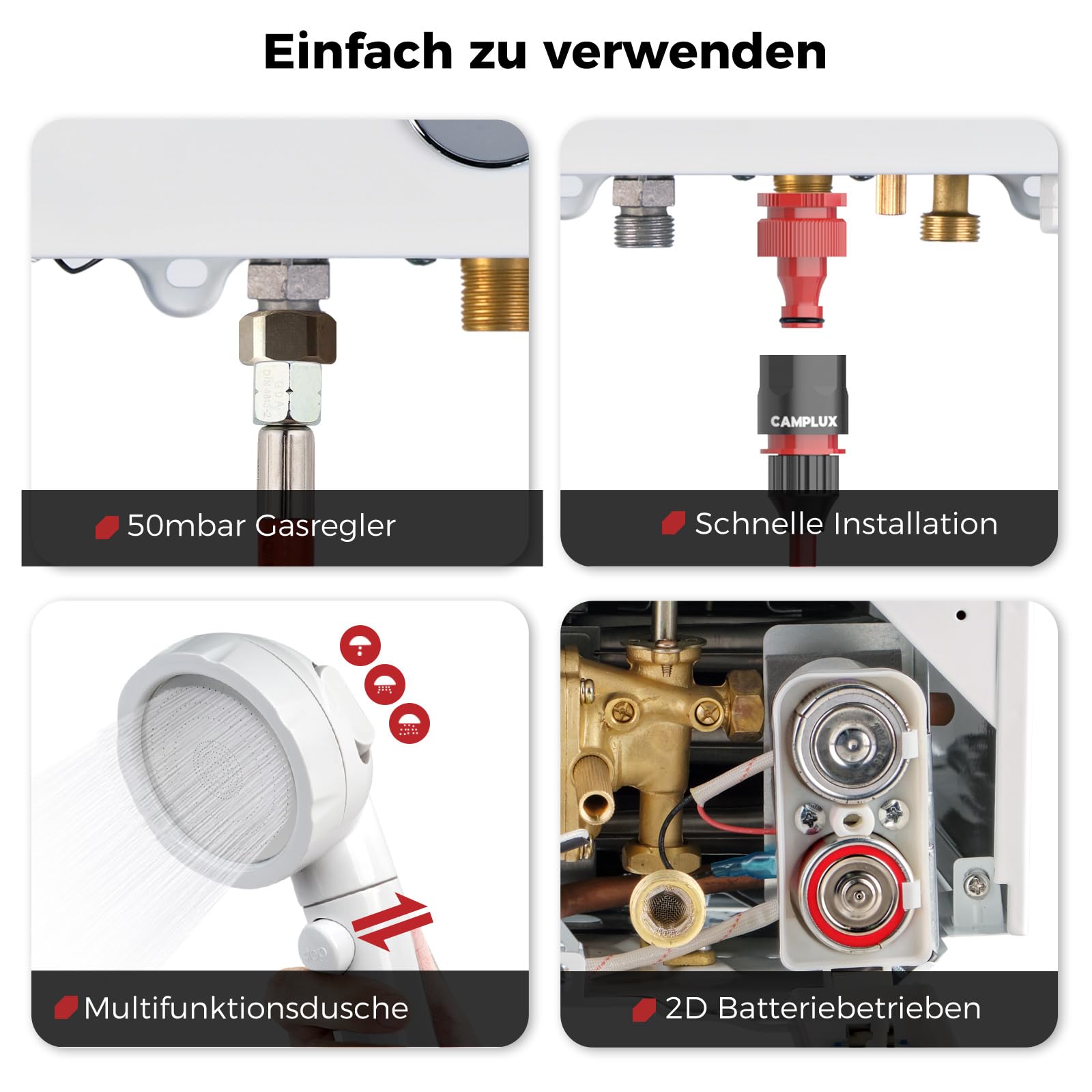 CAMPLUX BW264C-DE 10 Liter Gasdurchlauferhitzer mit Regenkappe, 50mbar Tankless Outdoor-Instant-Gasdusche für Pferd Waschen Camping RV Reise