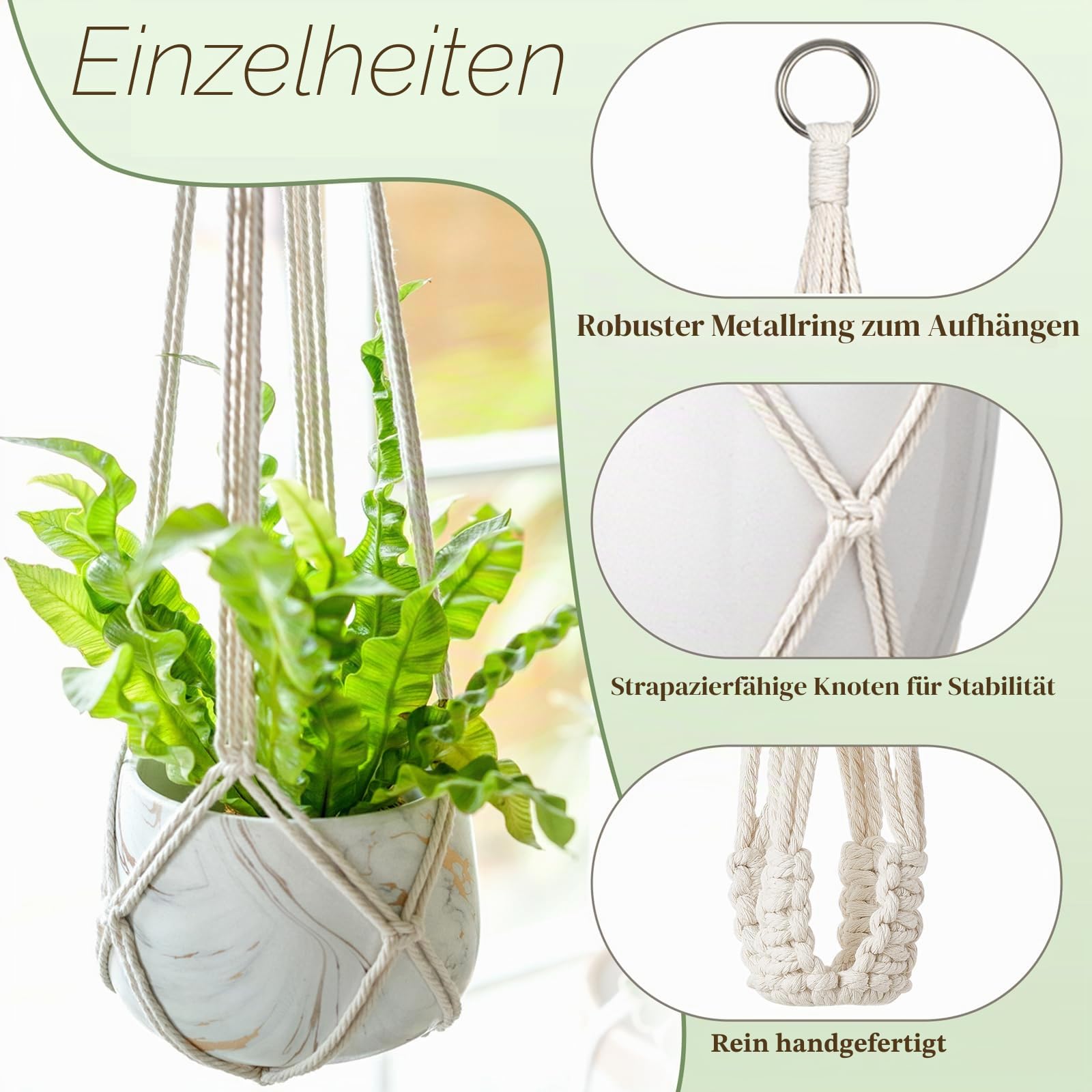 Dahey Makramee-Pflanzenaufhänger, Set mit 3 Haken für den Innenbereich, zum Aufhängen, Pflanzkorb, handgefertigt, gewebtes Baumwollseil, Blumentopf, Häkelpflanzenhalter für Boho, 3 Größen, beige