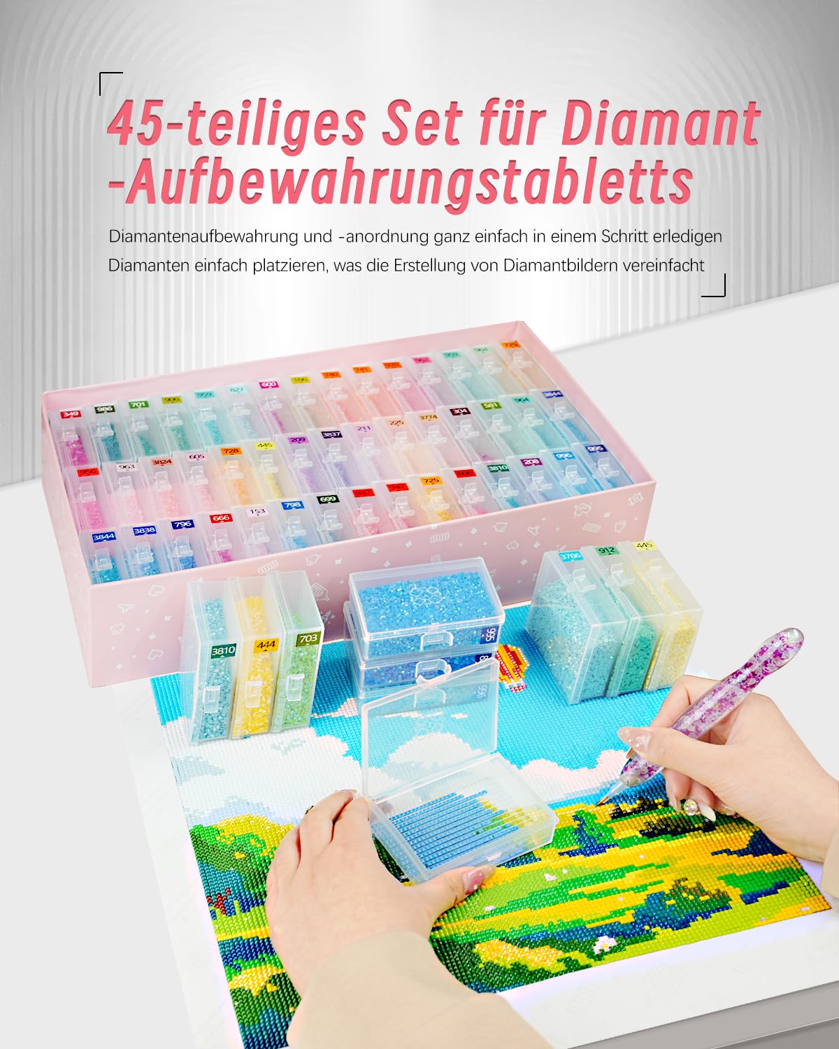45 Stück Diamond Painting Aufbewahrungsbox Schiffchen mit Deckel, Diamond Painting Zubehör Boxen für Diamond Painting Steine, 2-in-1 Diamond Painting Schiffchen und 5D Diamant Painting Set, Box-Paket