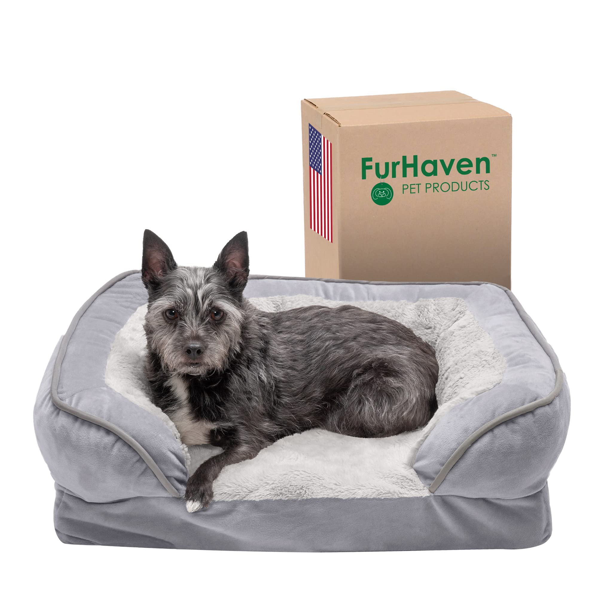 FurHaven Cama ortopédica pequeña para Perro, Comodidad, Estilo sofá de Felpa y Terciopelo con Funda extraíble Lavable, Color Gris Granito, S