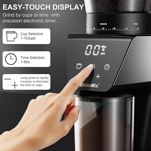 Miniatura 2 de BioloMix Molinillo de café eléctrico, molinillo de rebabas cónicas con 30 ajustes precisos de molienda, pantalla táctil LCD, tecnología
