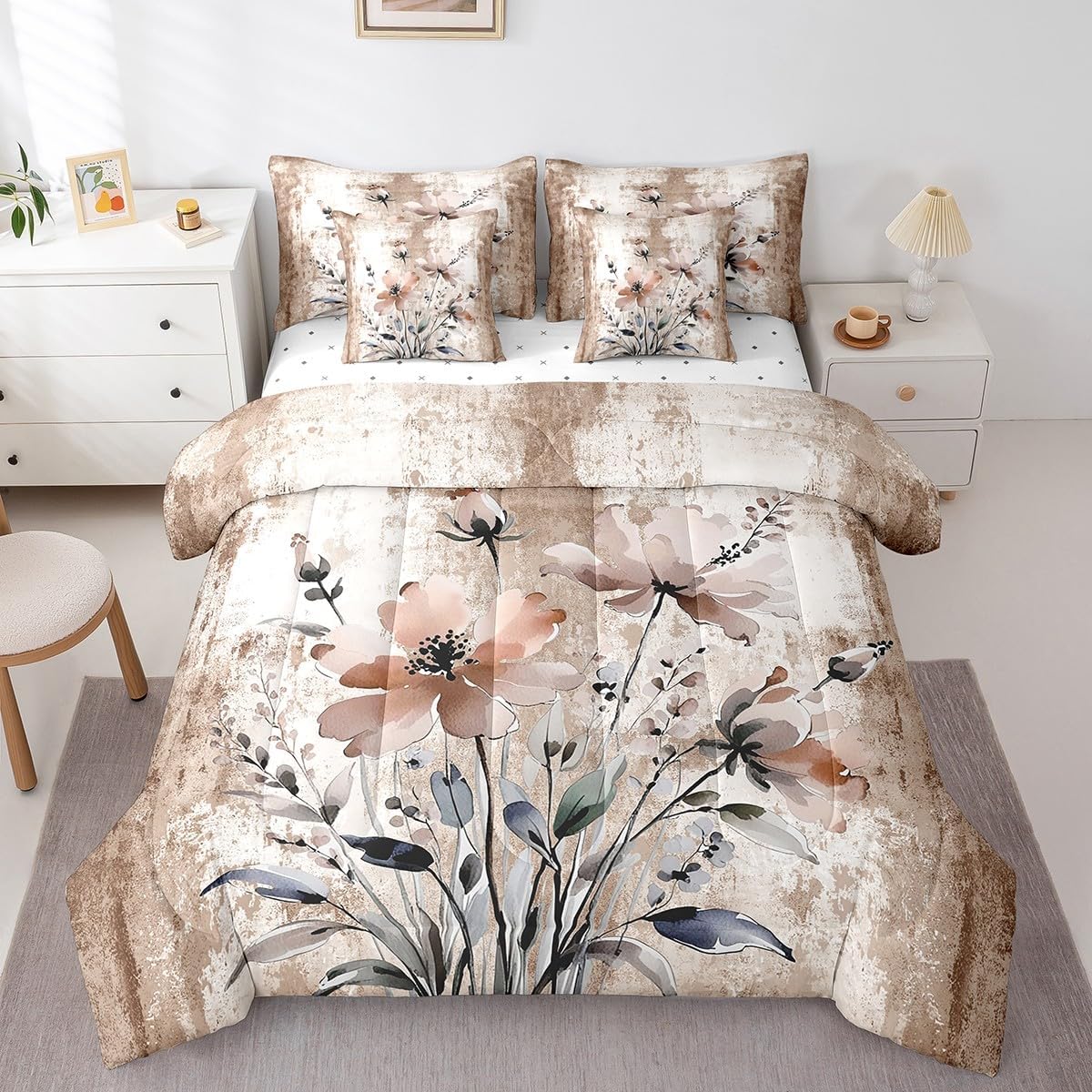 Ombre Beige Brown Grey White King Bedding 7 Pcs Soft Abstract Oil Painting Comforter Sets - Rustic Farmhouse Comforter For Boys Girls Adult Watercolor Floral Bed Set Country Wooden Theme Room Decor