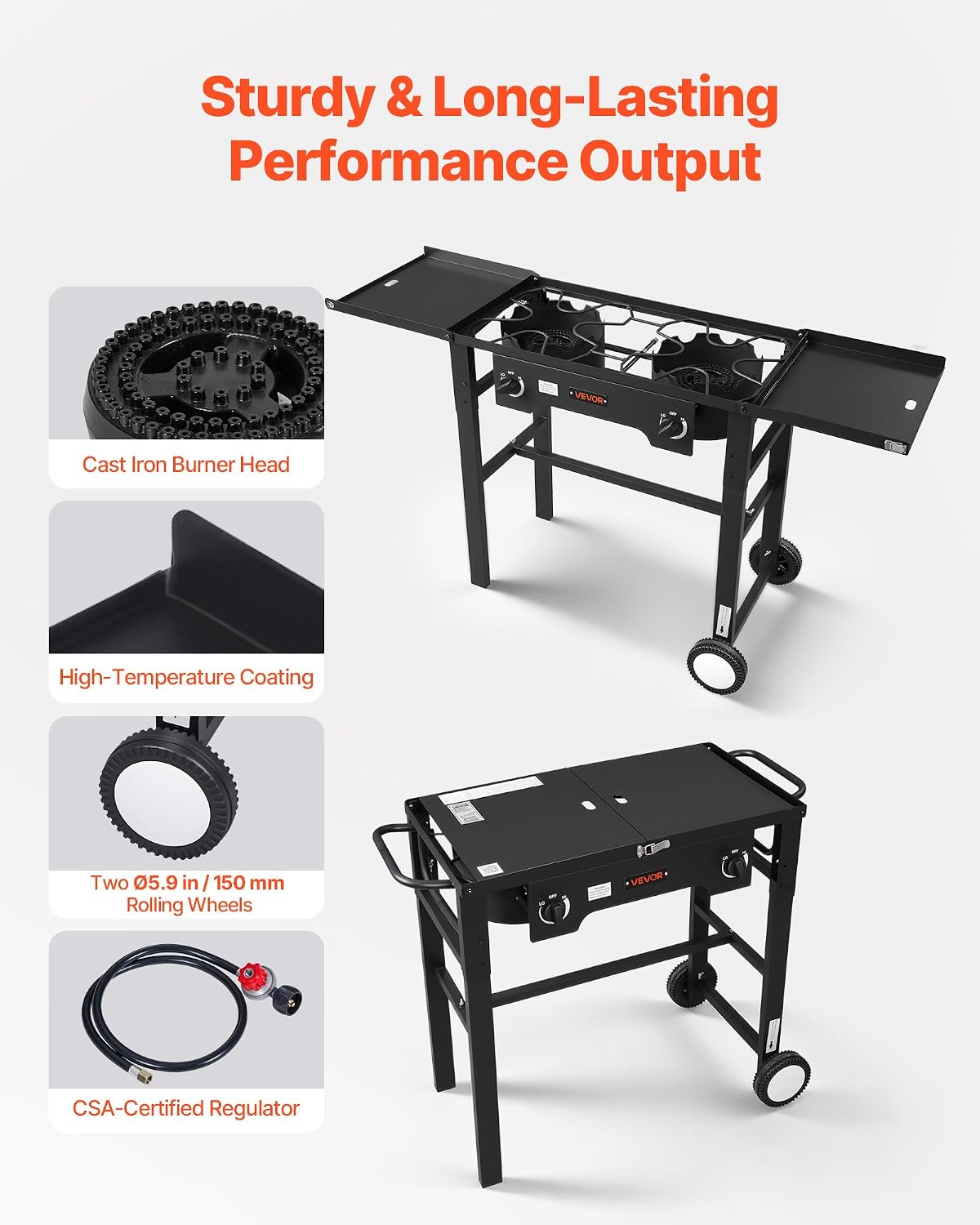 VEVOR 2 Burner Outdoor Propane Gas Stove, 150,000 BTU Propane LPG Gas Camping Stove, Foldable Heavy-duty Carbon Steel Outdoor Cooker, with Wheels & Shield & 20 PSI Regulator, for BBQ Camp Home Patio