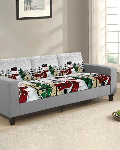 Miniatura 2 de Gray Omber Snowman Christmas Couch Cushion Covers, Stretch Sofa Cover with Elastic Bottom, Xmas Tree Winter Snowman Sofa Slipcovers Protector